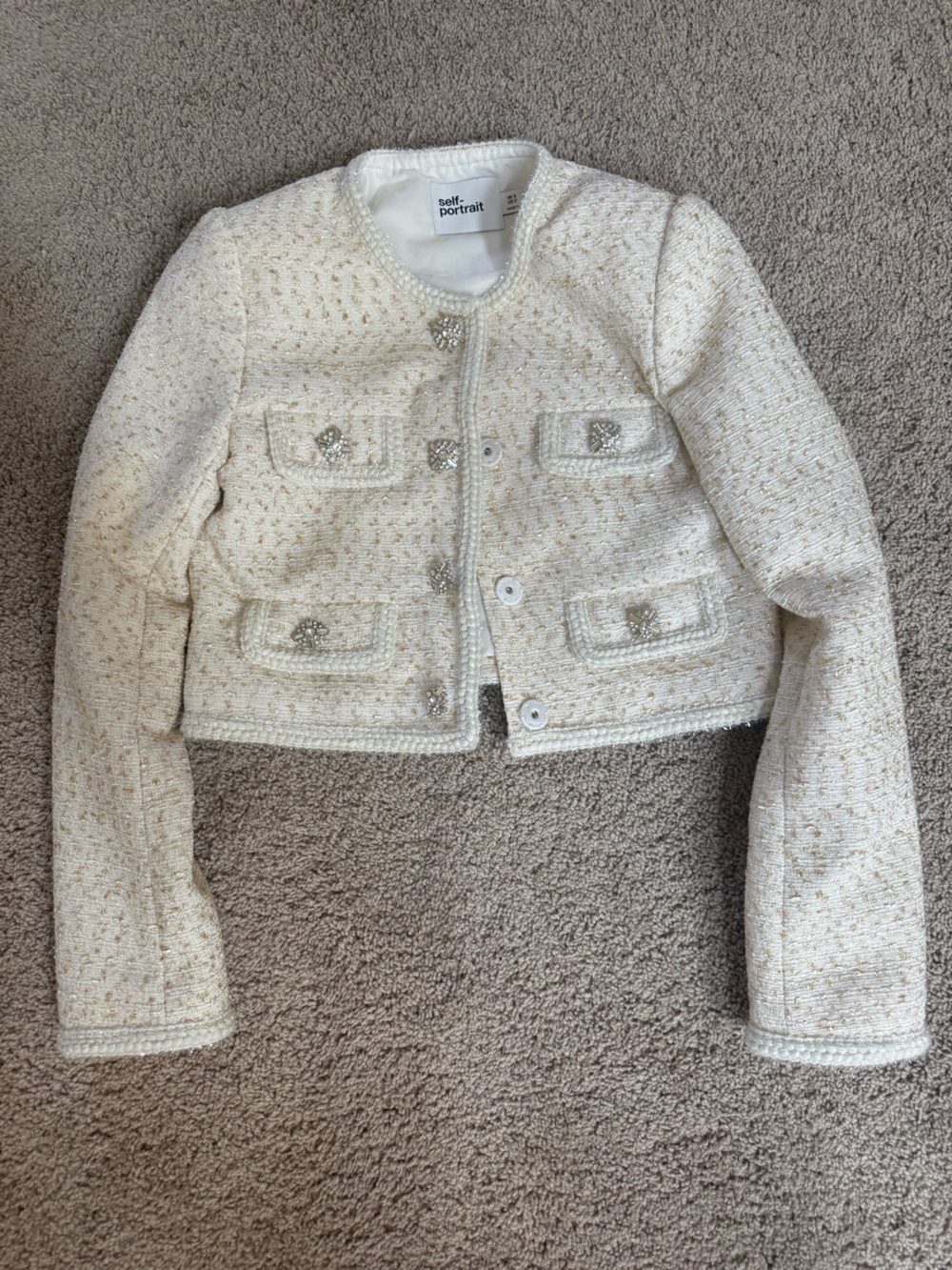 Self-Portrait Cream Tweed Cropped Jacket with Rhinestone Buttons and Shorts Set